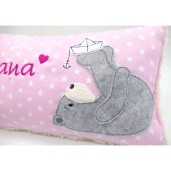 Namenskissen Taufkissen Kuschelkissen Kindergartenkissen Geburtsgeschenk  Bär mit Boot Mädchenkissen
