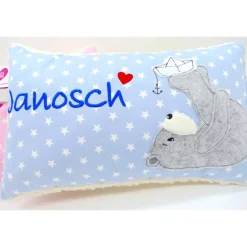 Namenskissen Taufkissen Kuschelkissen Kindergartenkissen Geburtsgeschenk  Bär mit Boot Mädchenkissen