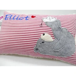 Namenskissen Taufkissen Kuschelkissen Kindergartenkissen Geburtsgeschenk  Bär mit Boot Jungenkissen