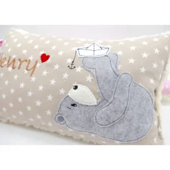 Namenskissen Taufkissen Kuschelkissen Kindergartenkissen Geburtsgeschenk  Bär mit Boot Jungenkissen