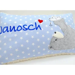 Namenskissen Taufkissen Kuschelkissen Kindergartenkissen Geburtsgeschenk  Bär mit Boot Jungenkissen