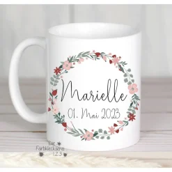 Namenstasse zur Kommunion mit Namen Monogramm lila Blumen personalisiert