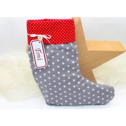 Nikolausstiefel grau rot Sterne mit  Namen personalisiert / Nikolaus Socke / Stiefel / Strumpf aus Stoff