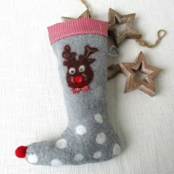 Nikolausstiefel Weihnachststiefel gefilzt mit Rentier und Karostoff nachhaltig