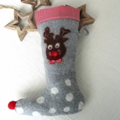 Nikolausstiefel Weihnachststiefel gefilzt mit Rentier und Karostoff nachhaltig