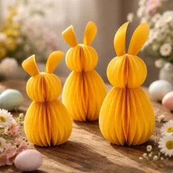 Nur Abholung: Osterhase Wabenoptik Karton Handmade – Stehend ca. 16 cm mit Ohren (Gelb)