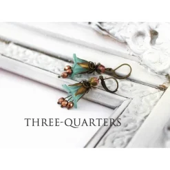 Ohrringe mit Blüten in petrol, grün und kleinen Perlen in bronze, orange, rot,Hochzeit, Braut, Glockenblume,nostalgisch