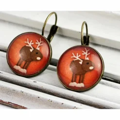 Ohrringe, Rentier, Weihnachten, Winter, rot, Hirsch, Reh, Glas, antik, bronze, vintage, nostalgisch, X-mas, rund, niedlich, Geschenk