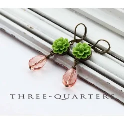 Ohrringe, Tropfen, rosa, Blumen, grün, hellgrün, antik, romantisch, Hochzeit, Braut, Geschenk, boho, vintage, bronze, Anhänger, Perlen