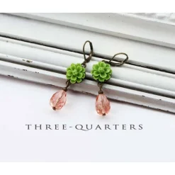 Ohrringe, Tropfen, rosa, Blumen, grün, hellgrün, antik, romantisch, Hochzeit, Braut, Geschenk, boho, vintage, bronze, Anhänger, Perlen