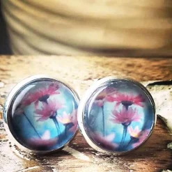 Ohrstecker Cabochonschmuck rosa Blumen im Himmel Unikat