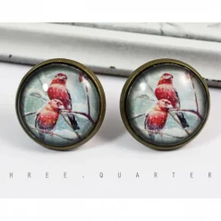 Ohrstecker, Vögel, Winter, retro, antik bronze, vintage, nostalgisch, Vogel, Weihnachten, Glas, rund, Natur, Geschenk, Hippie, Design