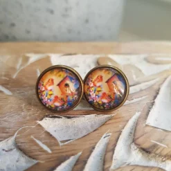 Ohrstecker Vogel am Vogelhaus orange Herbst Schmuck Cabochon