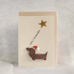 Origami Weihnachtskarte Dackel Hund mit Herzluftballon - Handgemachte 3D Weihnachtskarte Dachshund