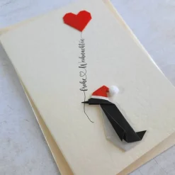 Origami Weihnachtskarte Pinguin mit Herzluftballon - Handgemachte 3D Weihnachtskarte -Origami Unikat mit Weihnachtsmütze
