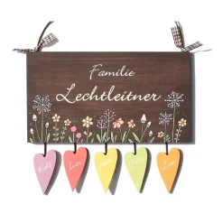 Originelles Einzugsgeschenk: Personalisiertes Türschild Familie aus Holz – Wetterfest, Handgemalt & Exklusiv, individuelles Geschenk Haustürschild mit Blumenmotiv