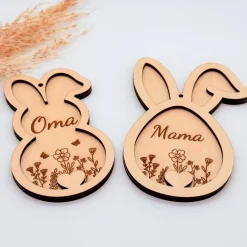 Osteranhänger aus Holz in Ei- & Hasenform – personalisiert mit Namen oder schlicht – natürliche Osterdeko
