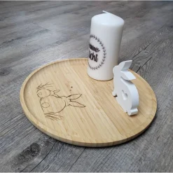 Osterdeko * Holzteller graviert * Stumpenkerze beschriftet * Osterhase gegossen