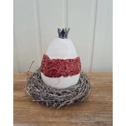Osterdeko Ei mit Krone aus Keramik mit Kränzchen 13 cm Handarbeit