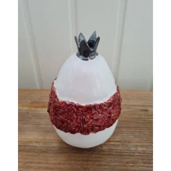 Osterdeko Ei mit Krone aus Keramik mit Kränzchen 13 cm Handarbeit