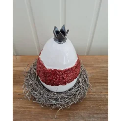 Osterdeko Ei mit Krone aus Keramik mit Kränzchen 13 cm Handarbeit