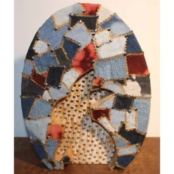 Osterdeko JEANS-EI  Collage auf einem Holzei aus Jeans und Metallplättchen im Shabby-Stil bemalt mit Acrylfarben