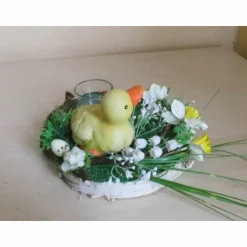 Osterdeko Küken im Garten auf Baumscheibe – Geldgeschenk & Teelicht – Unikat Tischdeko Ostern