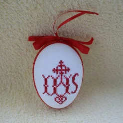 Osterdeko, Kreuzstich Osterei Handarbeit gestickt  religiöses Motiv   12cm, rot weiß,