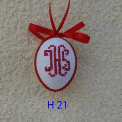 Osterdeko, Kreuzstich Osterei,  religiöses Motiv  Handgestickt, rot-weiß 6cm