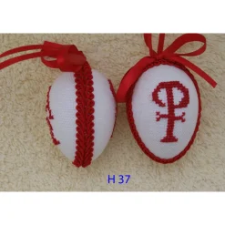 Osterdeko, Kreuzstich Osterei,  religiöses Motiv  Handgestickt, rot-weiß 6cm