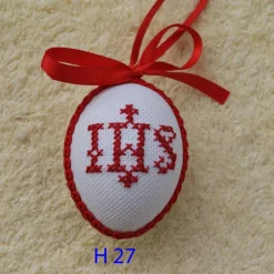 Osterdeko, Kreuzstich Osterei,  religiöses Motiv  Handgestickt, rot-weiß 6cm