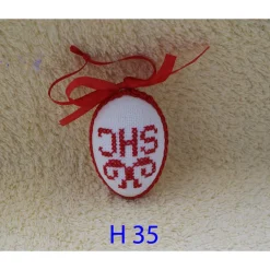 Osterdeko, Kreuzstich Osterei,  religiöses Motiv  Handgestickt, rot-weiß 6cm