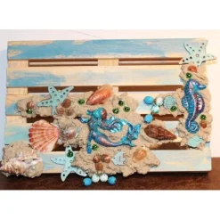 Osterdeko MEERJUNGFRAU  Collage auf einer kleinen Holzpalette maritime Osterdekoration  Osterei Seestern Muscheln