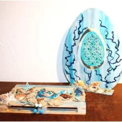 Osterdeko MEERJUNGFRAU  Collage auf einer kleinen Holzpalette maritime Osterdekoration  Osterei Seestern Muscheln