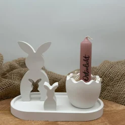 Osterdeko Set mit Hasenfigur & Ei Kerzenhalter aus Keramikpulver – moderne Tischdeko Ostern