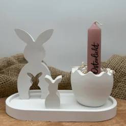 Osterdeko Set mit Hasenfigur & Ei Kerzenhalter aus Keramikpulver – moderne Tischdeko Ostern