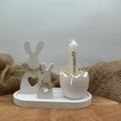 Osterdeko Set mit Herz Hasen & Ei Kerzenhalter aus Keramikpulver – moderne Tischdeko Ostern