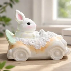 Osterdekoration - Osterhase im Auto - Handbemalt -