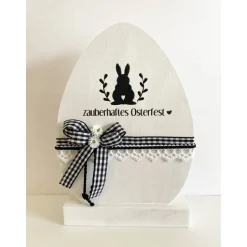 Osterei aus Holz auf Sockel, weiß/schwarz, Ostern