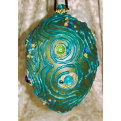 Osterei PETROL mit Acrylfarbe bemalt und mit Wolle und Schmucksteinen verziert Osterdeko Hängedeko großes Osterei