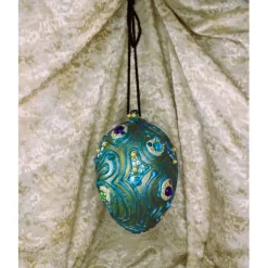 Osterei PETROL mit Acrylfarbe bemalt und mit Wolle und Schmucksteinen verziert Osterdeko Hängedeko großes Osterei