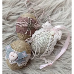 OSTEREIER * DEKO * VINTAGESTIL * LANDHAUSSTIL * ROSA/MAUVE/BEIGE * CA 6 - 6,5 CM  * JUTEBAND/DEKOBANDSPITZE