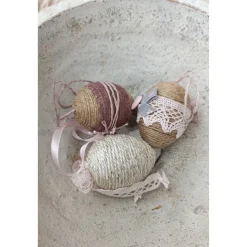 OSTEREIER * DEKO * VINTAGESTIL * LANDHAUSSTIL * ROSA/MAUVE/BEIGE * CA 6 - 6,5 CM  * JUTEBAND/DEKOBANDSPITZE