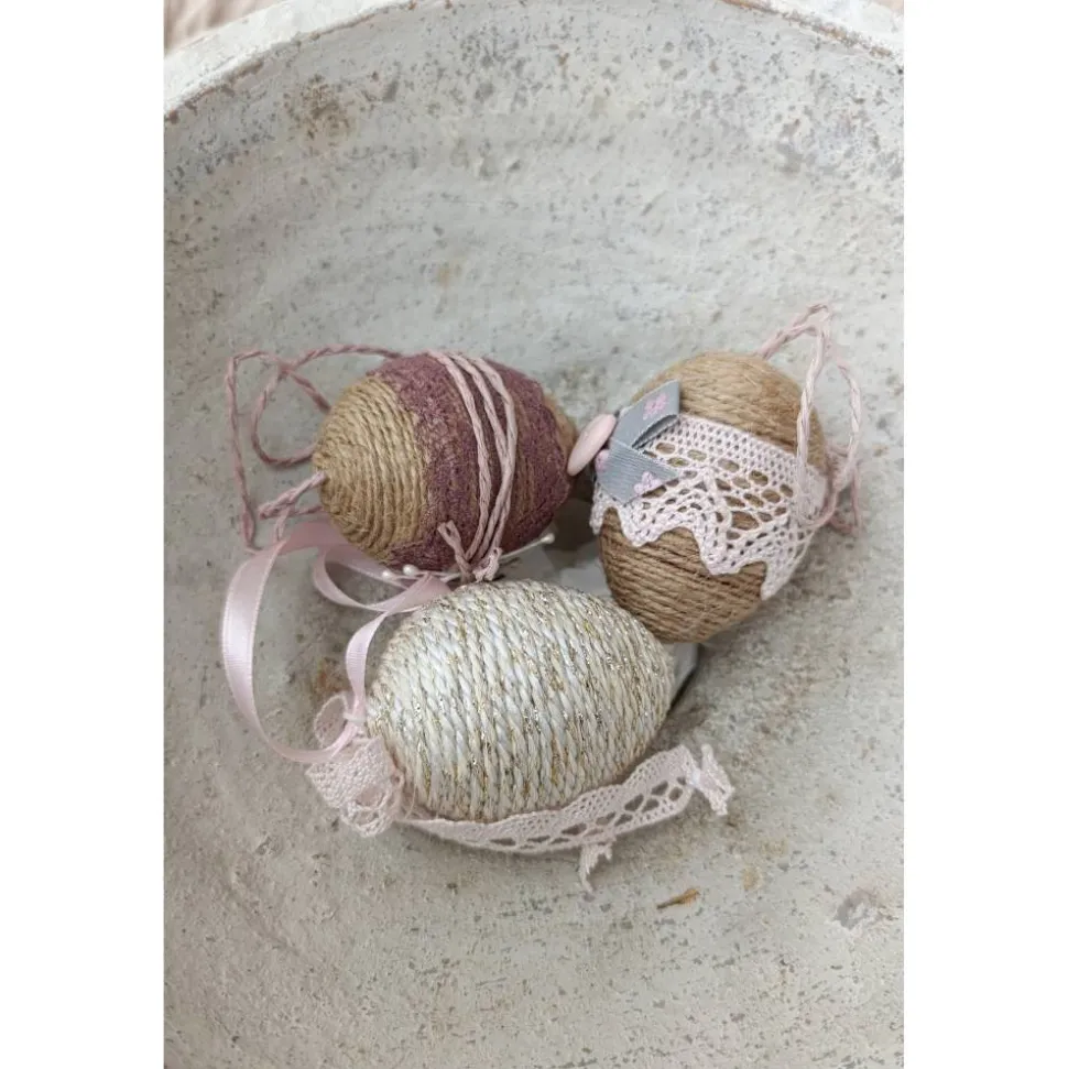 OSTEREIER * DEKO * VINTAGESTIL * LANDHAUSSTIL * ROSA/MAUVE/BEIGE * CA 6 - 6,5 CM  * JUTEBAND/DEKOBANDSPITZE