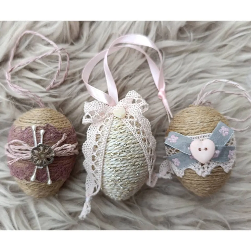 OSTEREIER * DEKO * VINTAGESTIL * LANDHAUSSTIL * ROSA/MAUVE/BEIGE * CA 6 - 6,5 CM  * JUTEBAND/DEKOBANDSPITZE