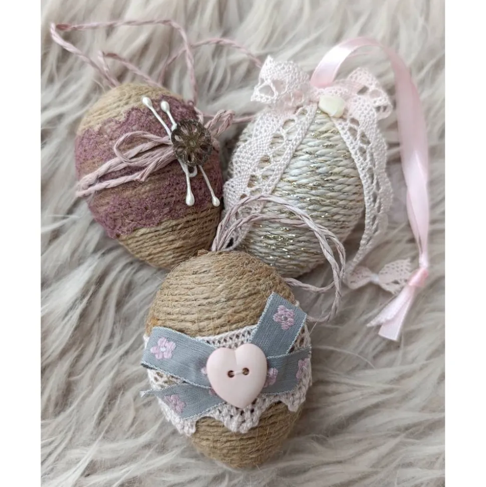 OSTEREIER * DEKO * VINTAGESTIL * LANDHAUSSTIL * ROSA/MAUVE/BEIGE * CA 6 - 6,5 CM  * JUTEBAND/DEKOBANDSPITZE