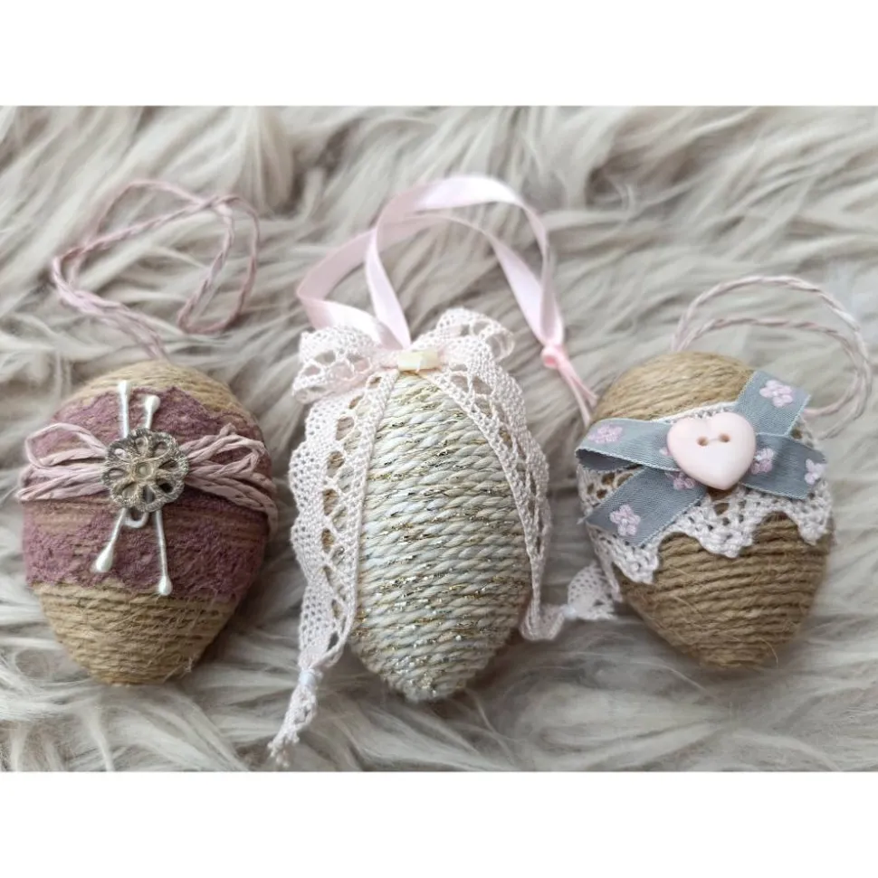 OSTEREIER * DEKO * VINTAGESTIL * LANDHAUSSTIL * ROSA/MAUVE/BEIGE * CA 6 - 6,5 CM  * JUTEBAND/DEKOBANDSPITZE