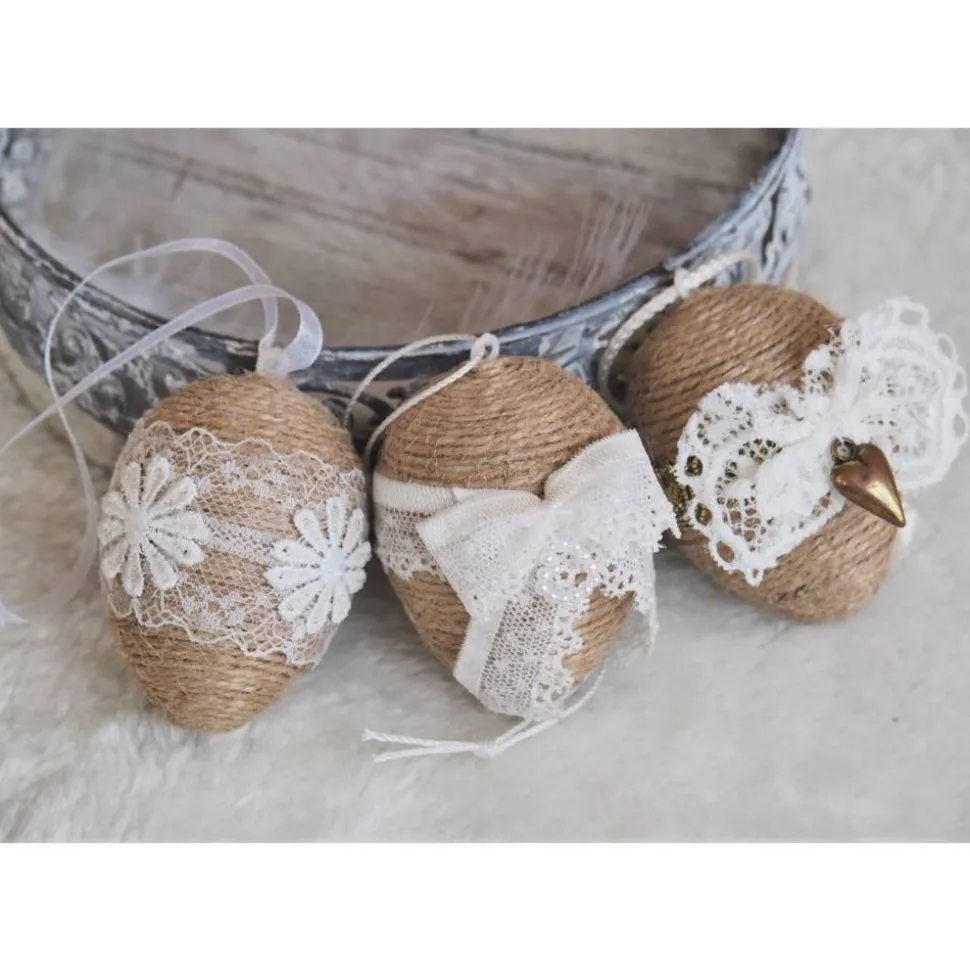 OSTEREIER * DEKO * VINTAGESTIL * LANDHAUSSTIL * CREMEWEISS/BEIGE/GOLDFARBEN * BAND/SPITZE * CA 6 CM