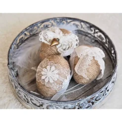 OSTEREIER * DEKO * VINTAGESTIL * LANDHAUSSTIL * CREMEWEISS/BEIGE/GOLDFARBEN * BAND/SPITZE * CA 6 CM