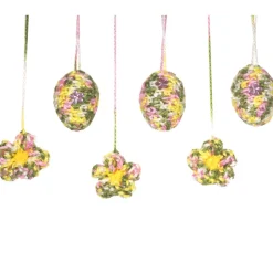 Ostereier Set gehäkelt – 3 Ostereier & 3 Blüten in Pastellfarben zum Aufhängen – Handarbeit Osterdeko rosa weiß grün gelb